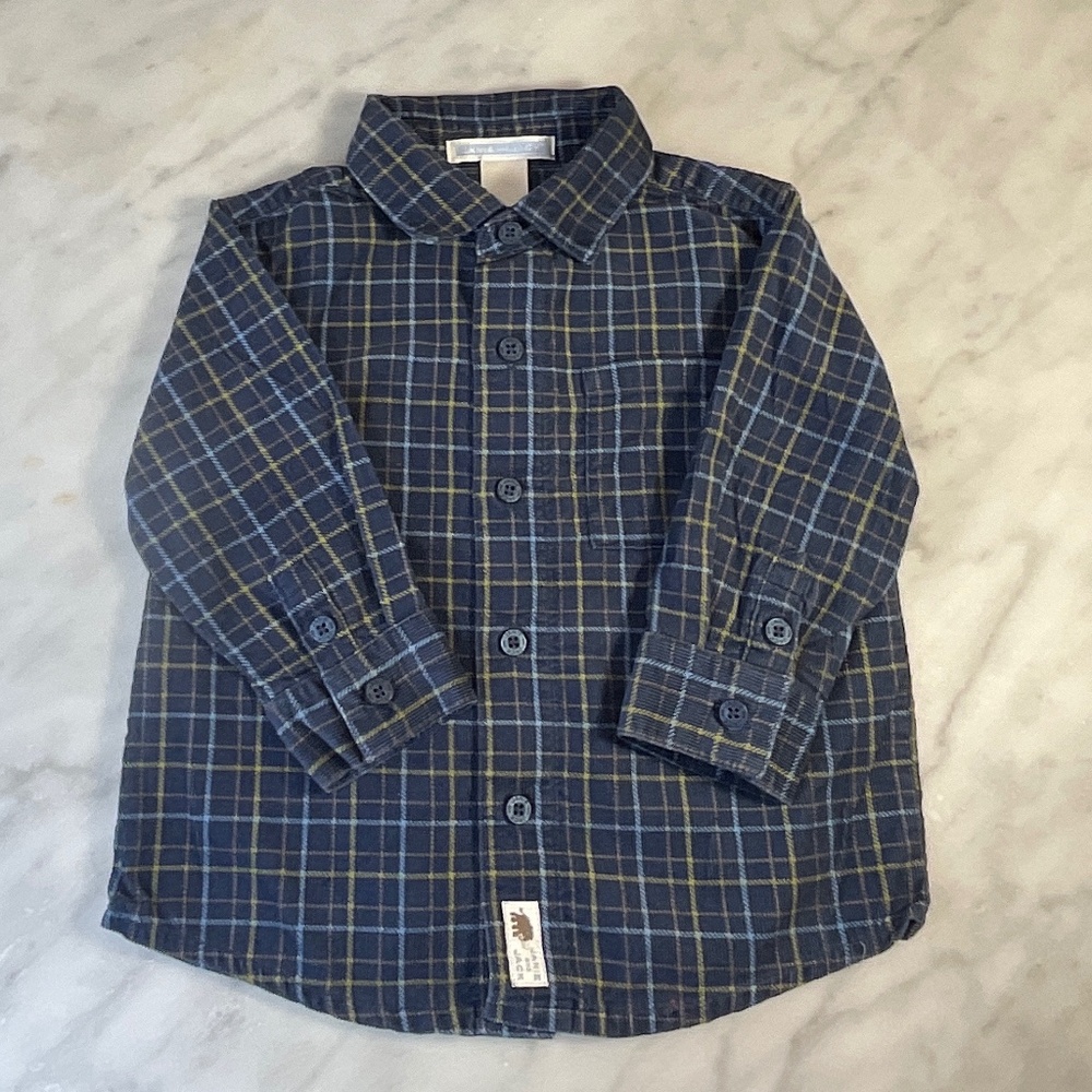 Janie and Jack Navy Flannel Plaid Button-Down Shirt Size 6-12 Months